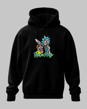 Felpa nera con cappuccio Rick and Morty, stampa colorata personaggi anime sul fronte.