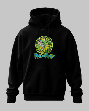 Felpa nera con cappuccio Rick and Morty, stampa colorata personaggi anime sul petto