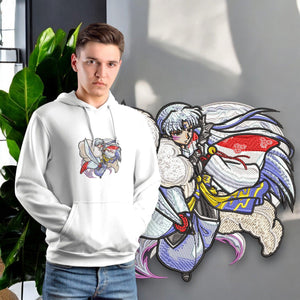 Felpa bianca con ricamo anime Sesshomaru di Inuyasha, indossata da un ragazzo, sfondo moderno
