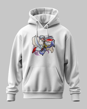 Felpa bianca con ricamo anime personaggio Sesshomaru, stile Inuyasha, su fondo grigio.