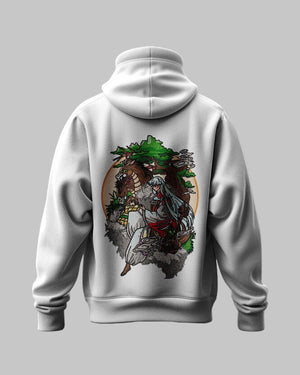 Felpa grigia ricamata con Sesshomaru di Inuyasha, design anime colorato su schiena.