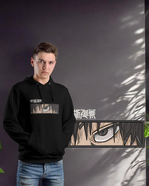 Felpa nera con cappuccio, ricamo anime Toji Fushiguro Jujutsu Kaisen, modellata da ragazzo