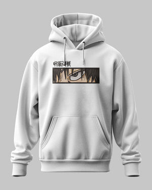 Felpa hoodie grigia con occhi di personaggio anime Toji Fushiguro Jujutsu Kaisen ricamati.