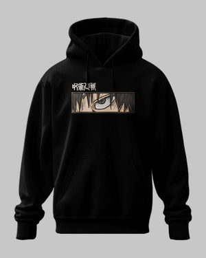 Felpa nera con cappuccio, stampa anime Jujutsu Kaisen e occhi di personaggio, stile streetwear.