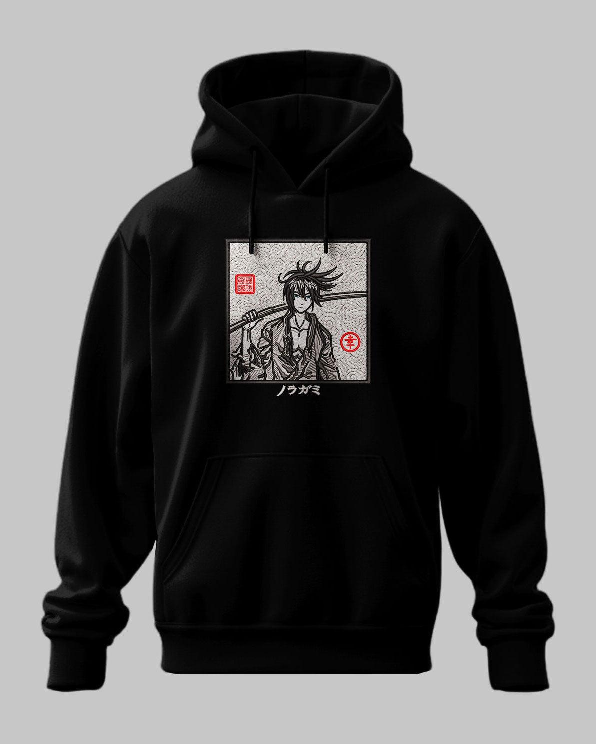 Felpa nera con cappuccio con ricamo Yato Noragami in stile anime giapponese