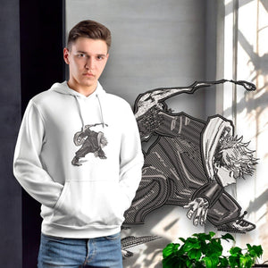 Felpa bianca con stampa Yuji Itadori di Jujutsu Kaisen, ragazzo in posa, stile anime