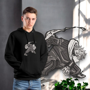 Felpa nera con stampa ricamata Yuji Itadori di Jujutsu Kaisen, stile manga, indossata da ragazzo