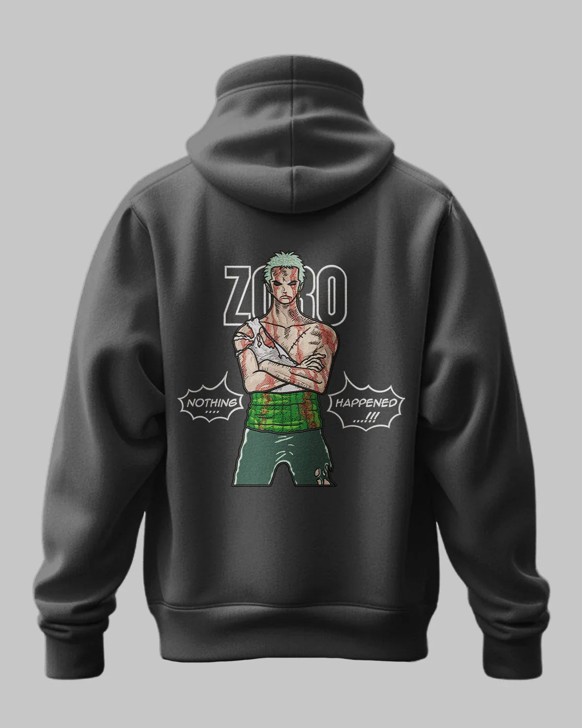 Felpa nera con stampa Zoro One Piece, frase Nothing Happened e dettaglio anime ricamato.