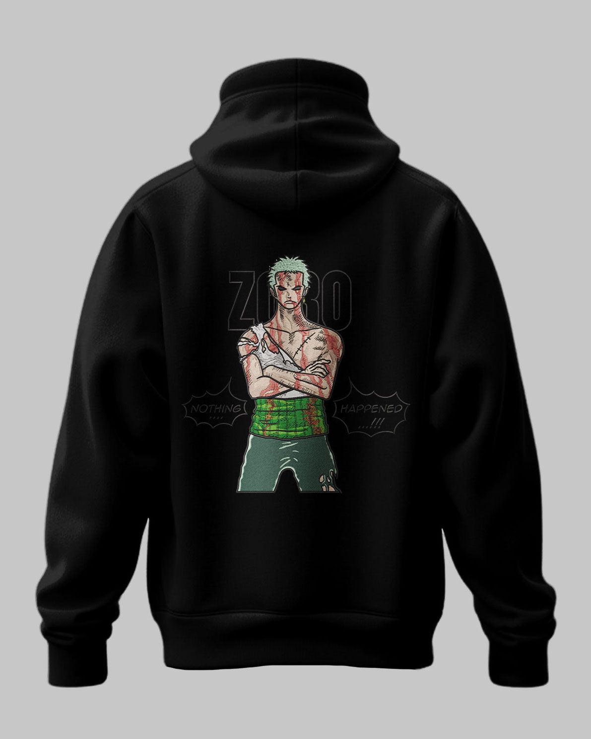 Felpa nera con stampa di Zoro di One Piece e scritta Nothing Happened, abbigliamento anime.