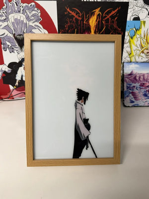 Quadro con illustrazione anime di un ragazzo coi capelli neri e spada, stile minimalista.