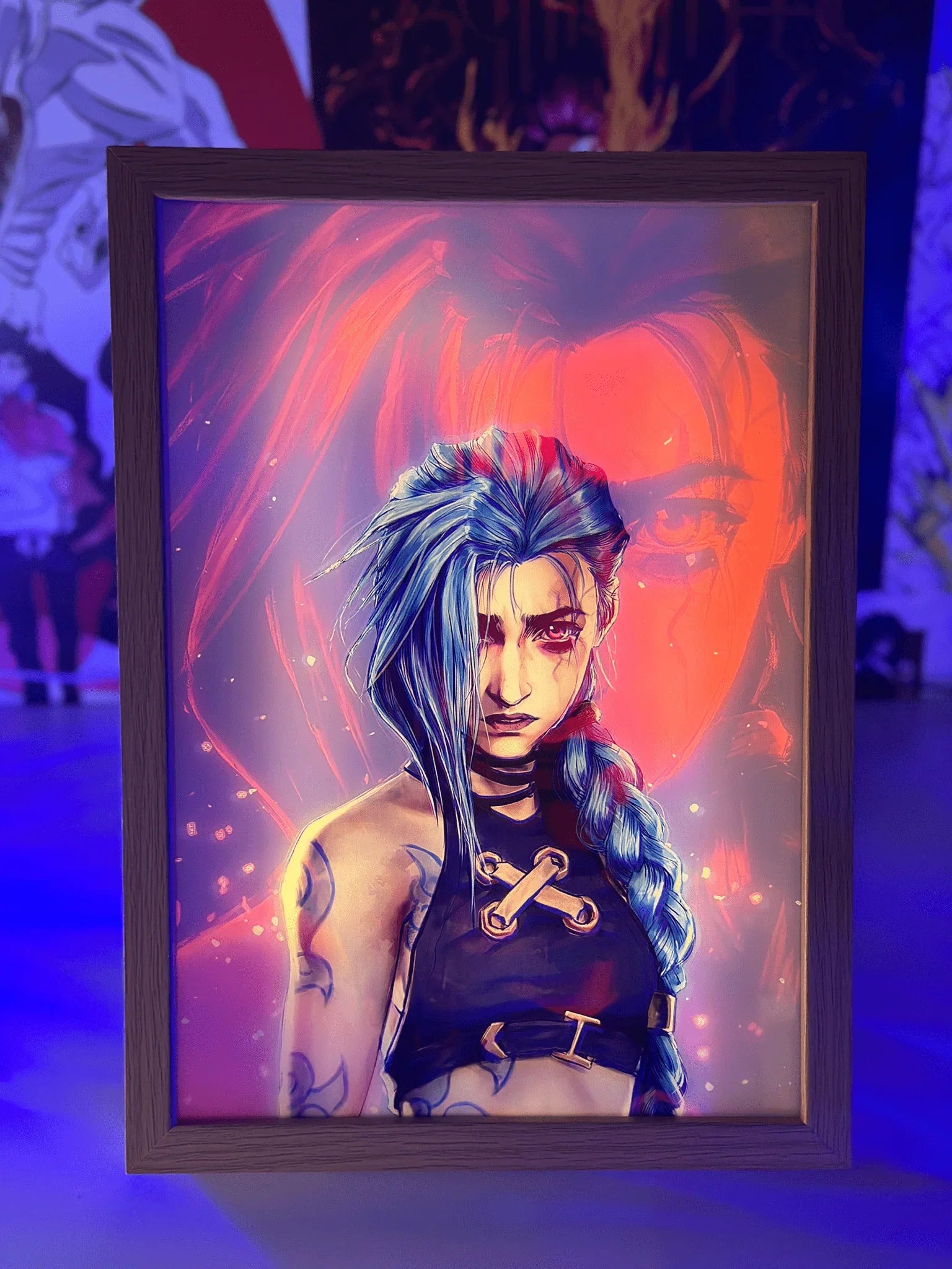 Lampada LED artistica quadro Jinx Arcane League of Legends con cornice, luci blu