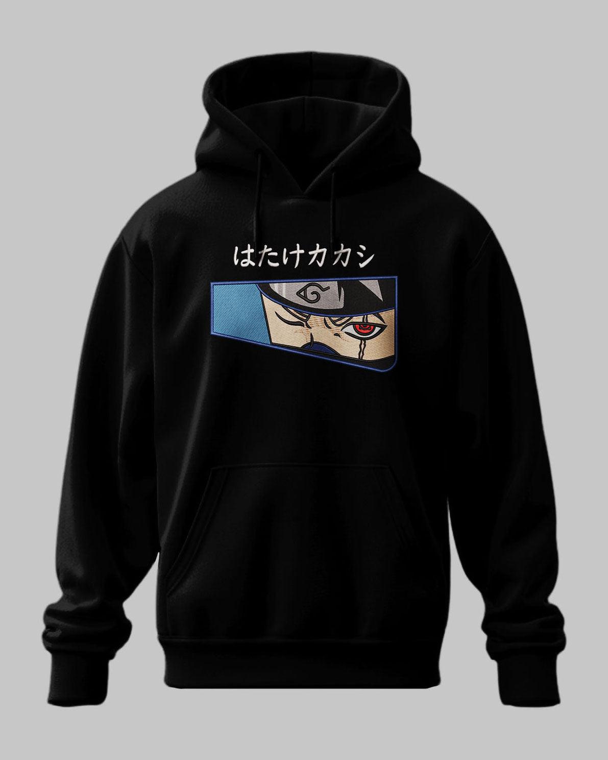 Felpa nera con ricamo anime, occhio sharingan e scritta giapponese, stile Naruto