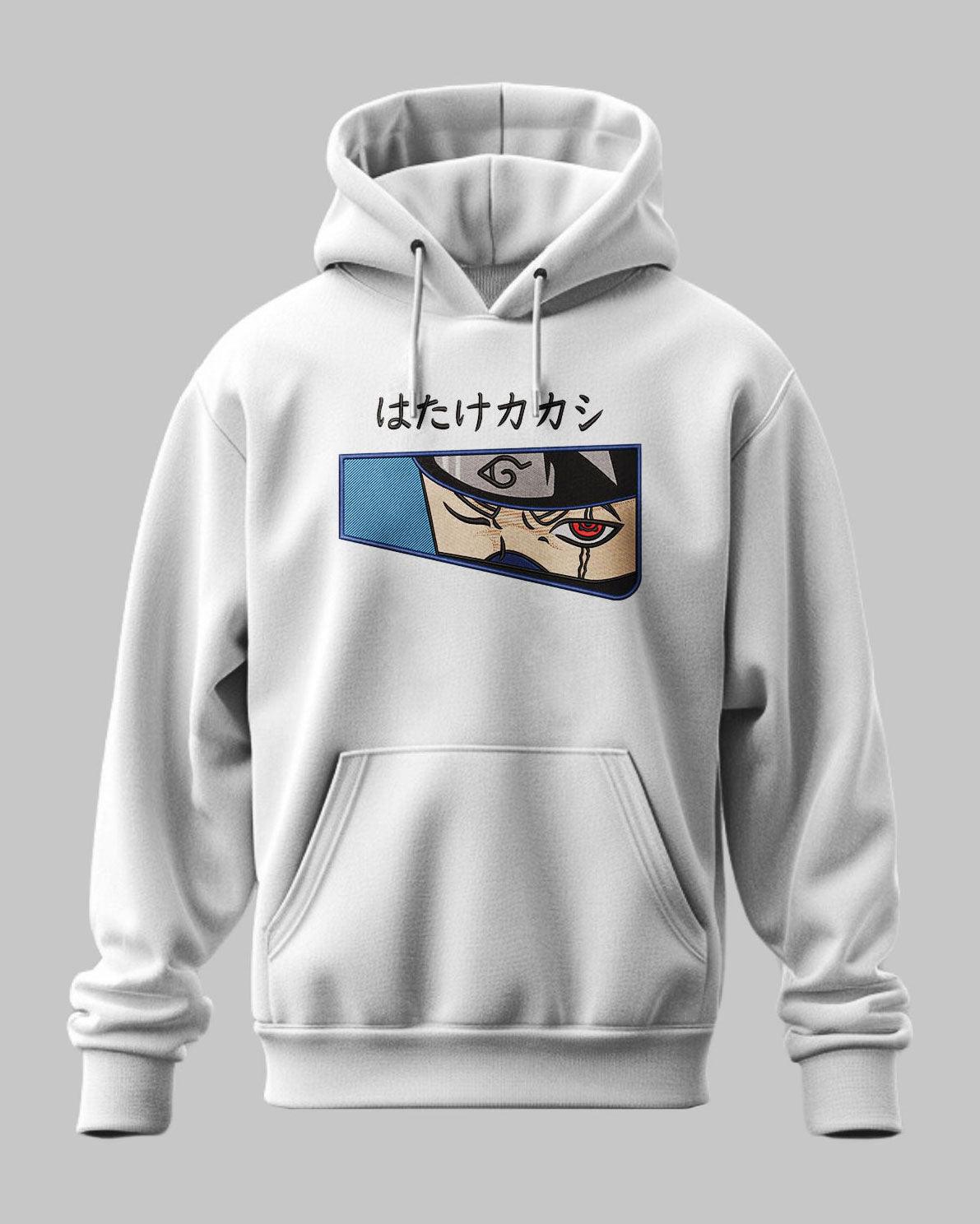 Felpa anime grigia con ricamo Kakashi Sharingan, scritta giapponese e dettaglio occhi