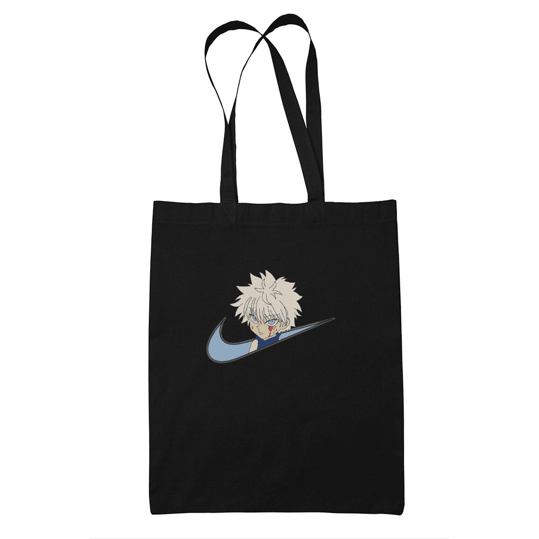 Shopper nera con ricamo anime, personaggio dai capelli bianchi e grafica blu sul fronte.
