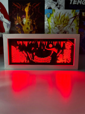 Light box anime con volto ghignante illuminato rosso, decorazione stanza per fan anime.