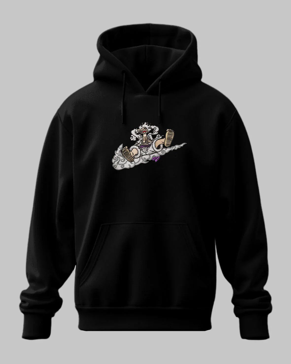 Felpa nera anime con ricamo personaggio One Piece Luffy Gear 5 su nuvola, stile streetwear.