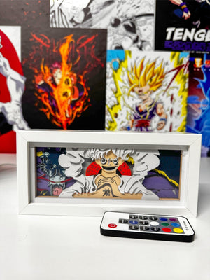 Light box decorativo con Luffy Gear 5 di One Piece, telecomando incluso, sfondo anime colorato.