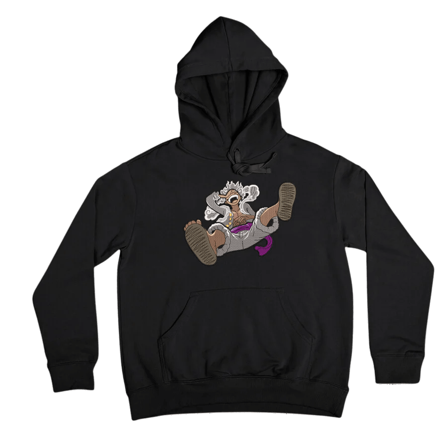 Felpa nera con ricamo Luffy Gear 5 che ride, stile anime One Piece, su sfondo neutro