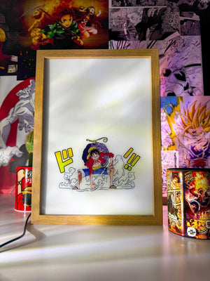 Lampada LED decorativa Luffy Gear 5 One Piece con illustrazione anime e cornice in legno