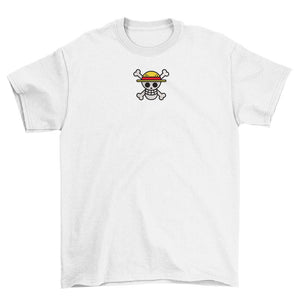 T-shirt bianca con ricamo simbolo pirati One Piece, cappello di paglia, anime moda.