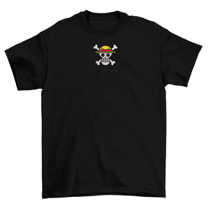 T-shirt nera con ricamo simbolo pirata cappello di paglia ispirato a One Piece