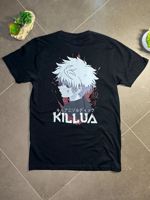 T-shirt nera con stampa anime Killua Zoldyck di Hunter x Hunter e scritte giapponesi