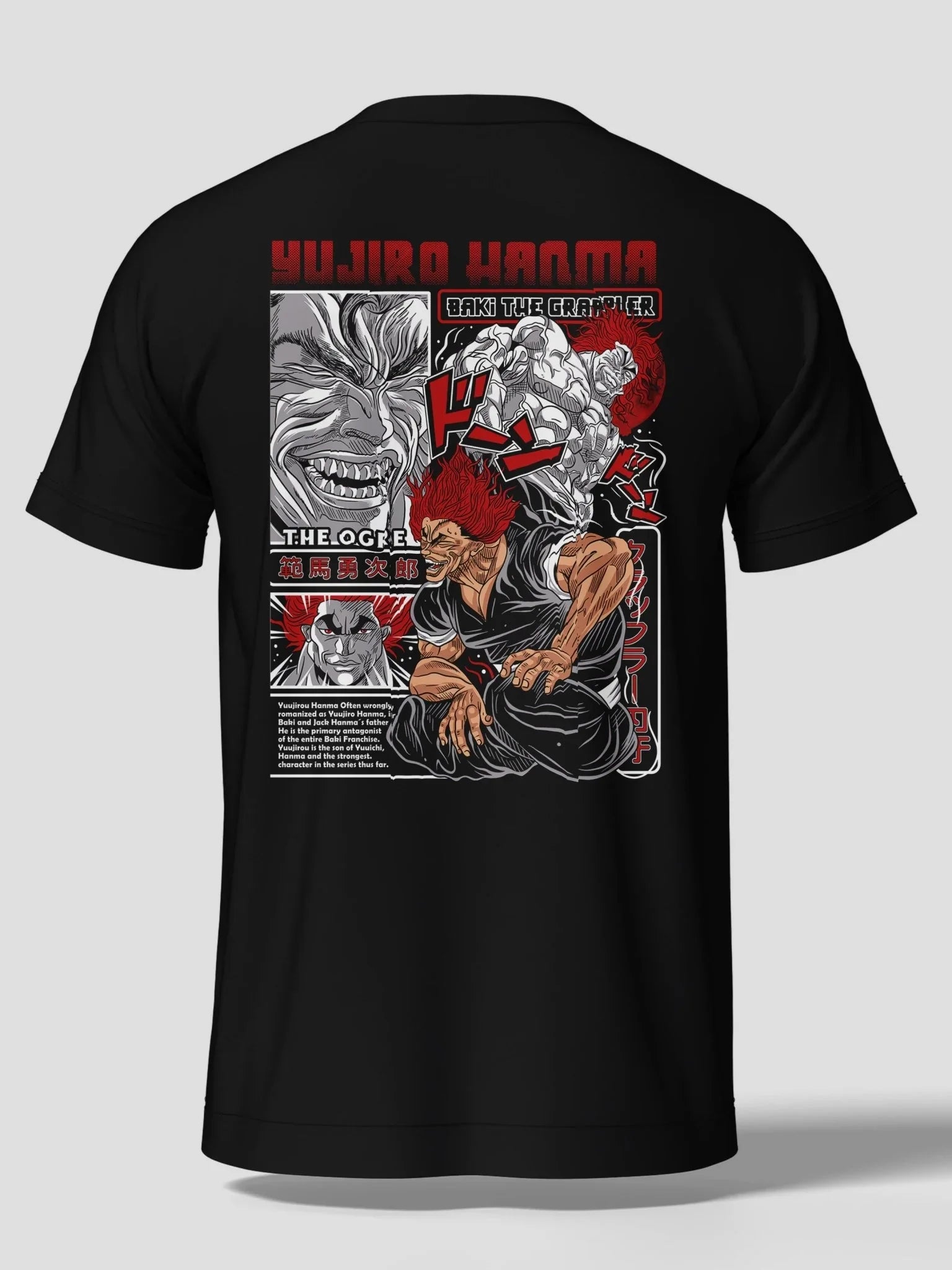 Maglietta nera anime con stampa di Yujiro Hanma da Baki, stile streetwear giapponese.