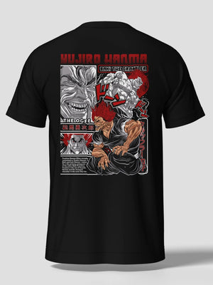 Maglietta nera anime con stampa di Yujiro Hanma da Baki, stile streetwear giapponese.