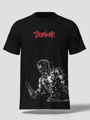 Maglietta nera anime Berserk con logo rosso e stampa ricamata di Guts in primo piano