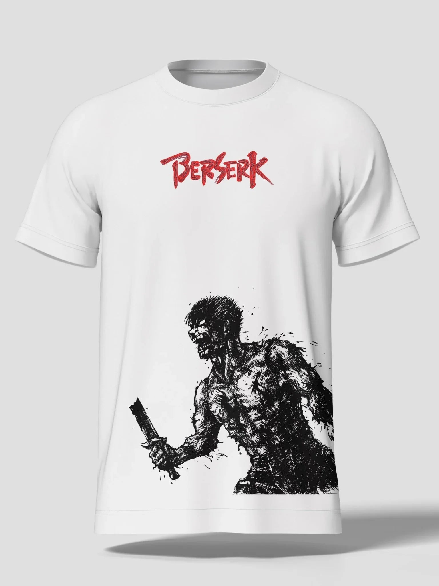 Maglietta bianca anime Berserk con logo rosso ricamato e stampa Guts in combattimento