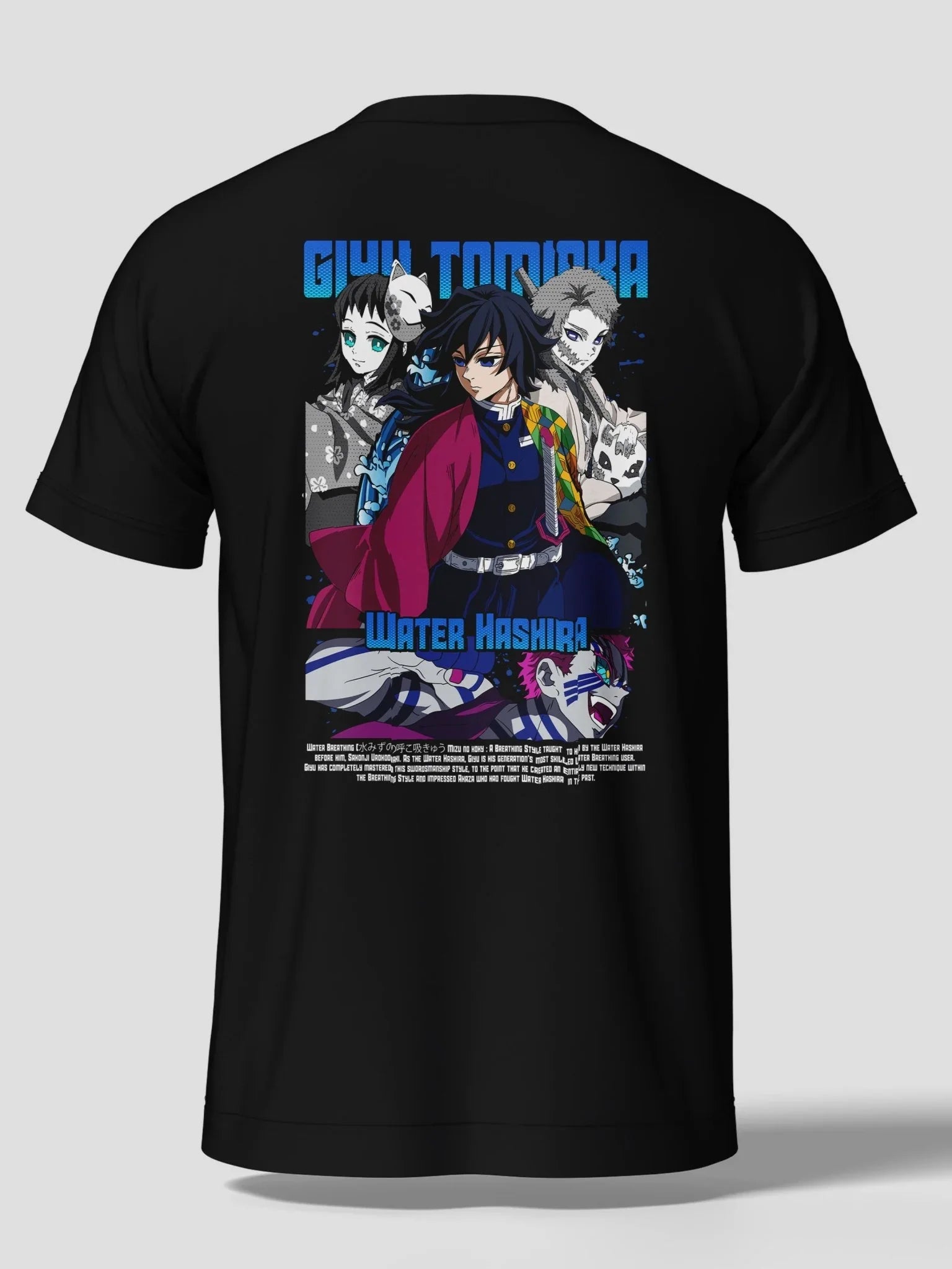 Maglietta nera anime con stampa Giyu Tomioka e personaggi Demon Slayer, stile manga giapponese.