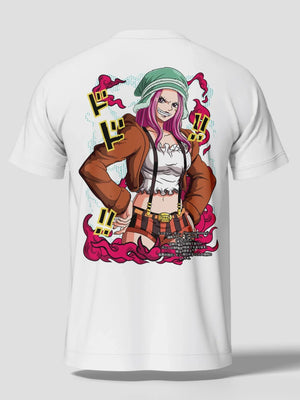 T-shirt bianca con stampa anime di ragazza dai capelli rosa e cappello verde, stile One Piece.
