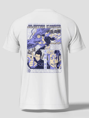 Maglietta bianca anime con stampa di Suguru Geto da Jujutsu Kaisen in stile manga giapponese.