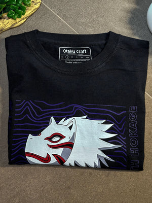 Maglietta nera anime con stampa maschera Kakashi Hatake e scritta Sixth Hokage