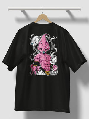 Maglietta nera anime con stampa Majin Buu di Dragon Ball, stile streetwear, appesa su gruccia.
