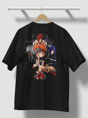 Maglietta nera anime con stampa personaggi Pain e Rinnegan da Naruto, stile Six Paths.