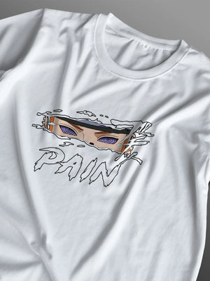 Maglietta bianca anime con occhi di Pain e scritta Pain, ispirata a Naruto, stile manga