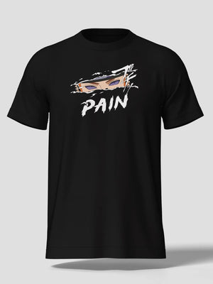 Maglietta nera anime con occhi di Pain e scritta Pain, ispirata a Naruto, stile Rinnegan.