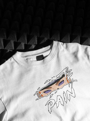Maglietta bianca anime con stampa Pain e occhi Rinnegan ispirata a Naruto