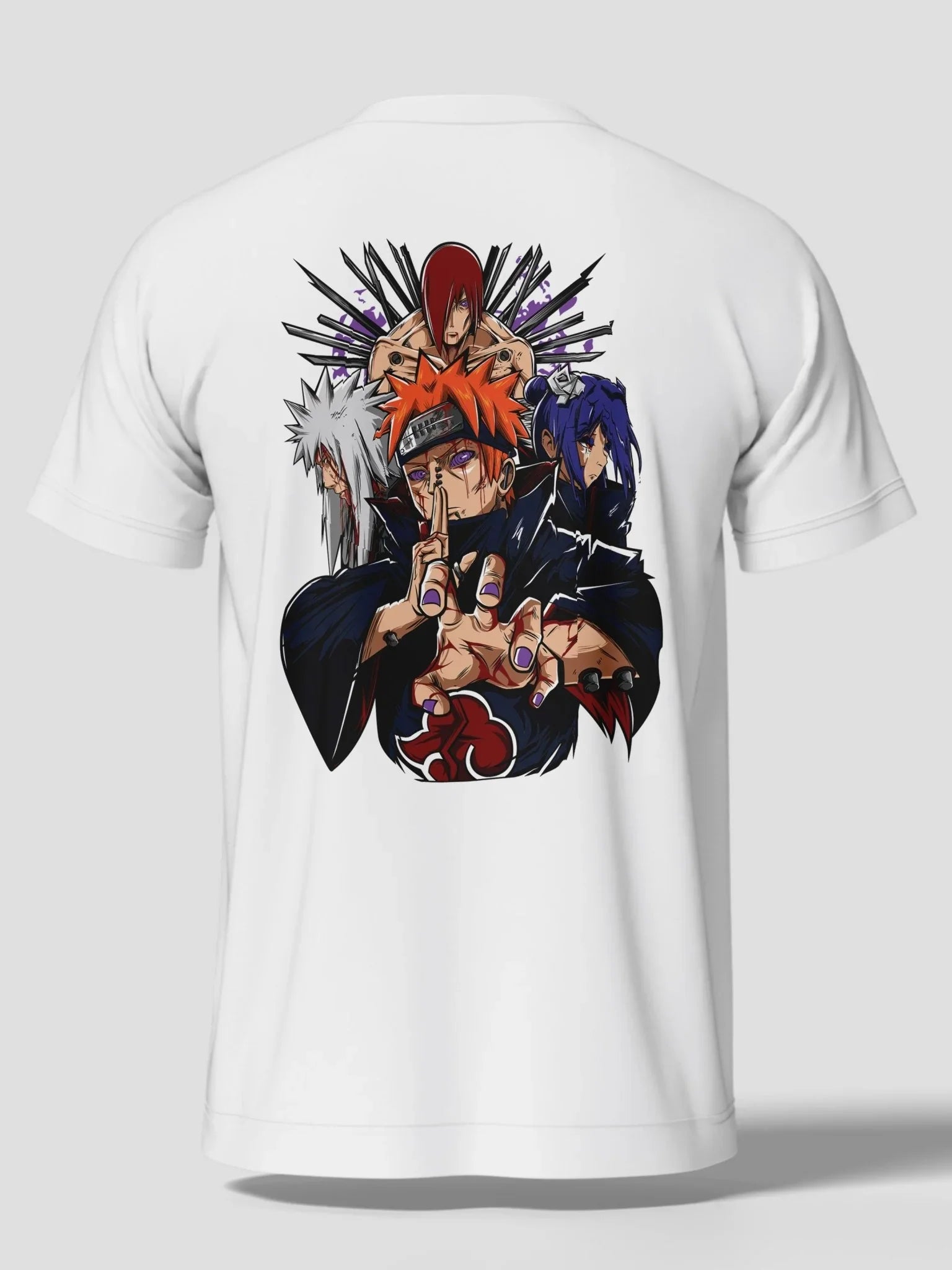 Maglietta bianca anime Naruto con Pain e Six Paths, design Rinnegan colorato sul retro.