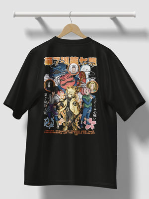 Maglietta nera con stampa anime Naruto Team 7, Naruto, Sasuke e Sakura, stile streetwear.