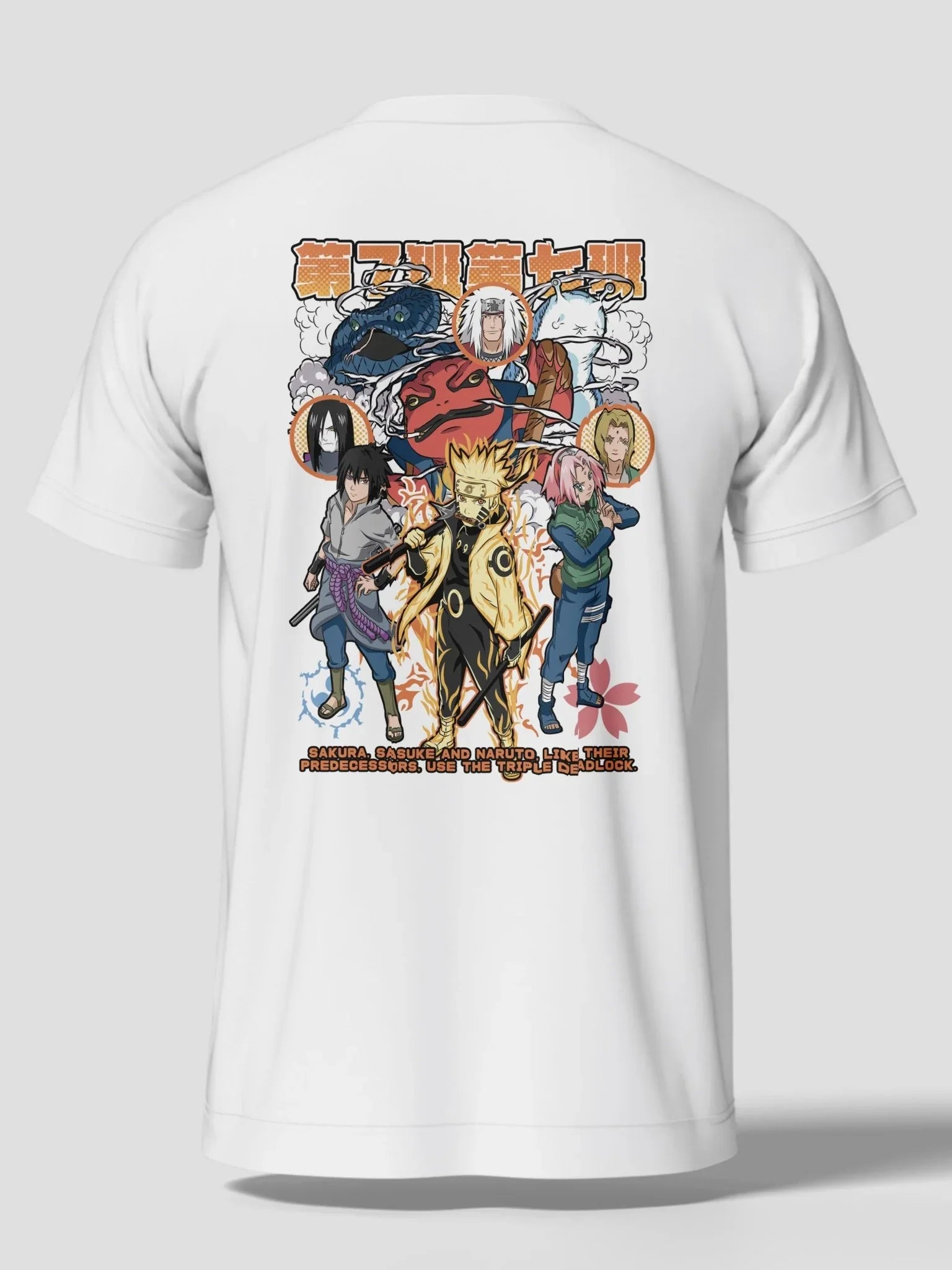 Maglietta bianca anime con stampa Team 7 Naruto, Sasuke e Sakura, streetwear giapponese.