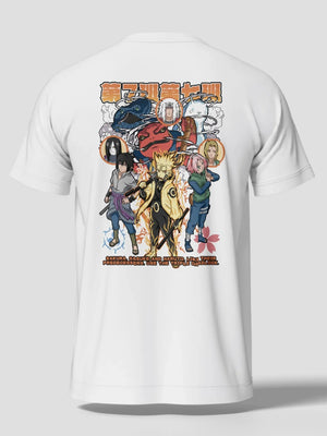 Maglietta bianca anime con stampa Team 7 Naruto, Sasuke e Sakura, streetwear giapponese.
