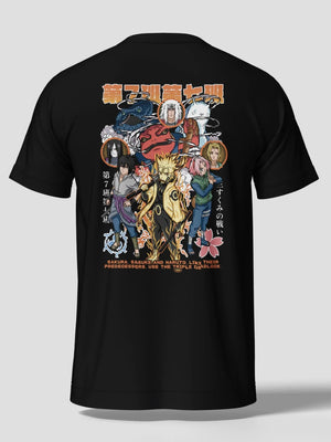 Maglietta nera anime con stampa Team 7 Naruto, Sasuke e Sakura, stile streetwear.