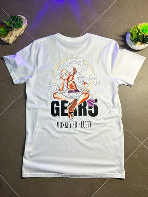 Maglietta bianca One Piece con stampa Gear 5 Monkey D. Luffy, edizione limitata anime.
