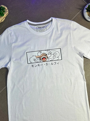 Maglietta bianca con stampa anime Gear 5 Luffy One Piece e scritta giapponese