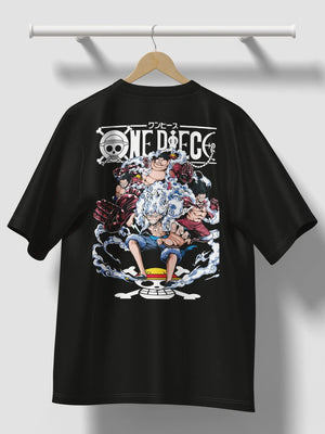 Maglietta nera con stampa di Luffy Gear 5 da One Piece, design anime epico sul retro.
