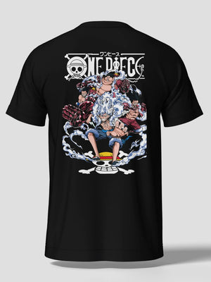Maglietta nera con design epico di Luffy Gear 5 da One Piece stampato sul retro