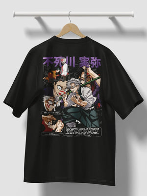 Maglietta nera anime con stampa Sanemi Shinazugawa Demon Slayer, personaggi e scritte giapponesi.