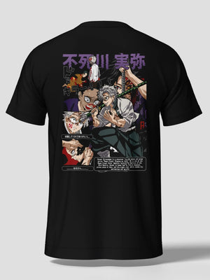 Maglietta nera anime con illustrazione di Sanemi Shinazugawa da Demon Slayer sul retro